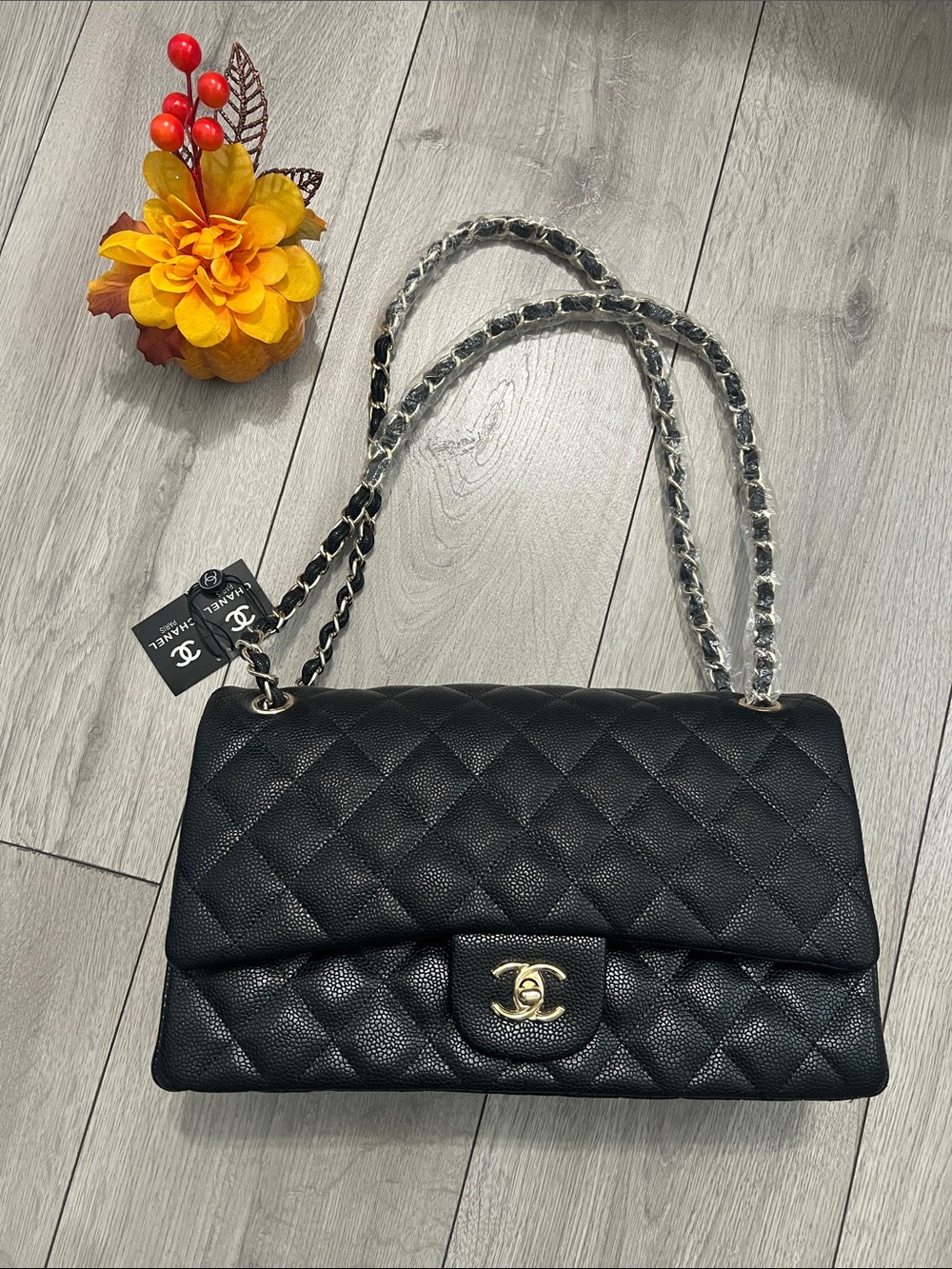 Black Quilted Caviar  Shoulder Bag with Gold Hardware new